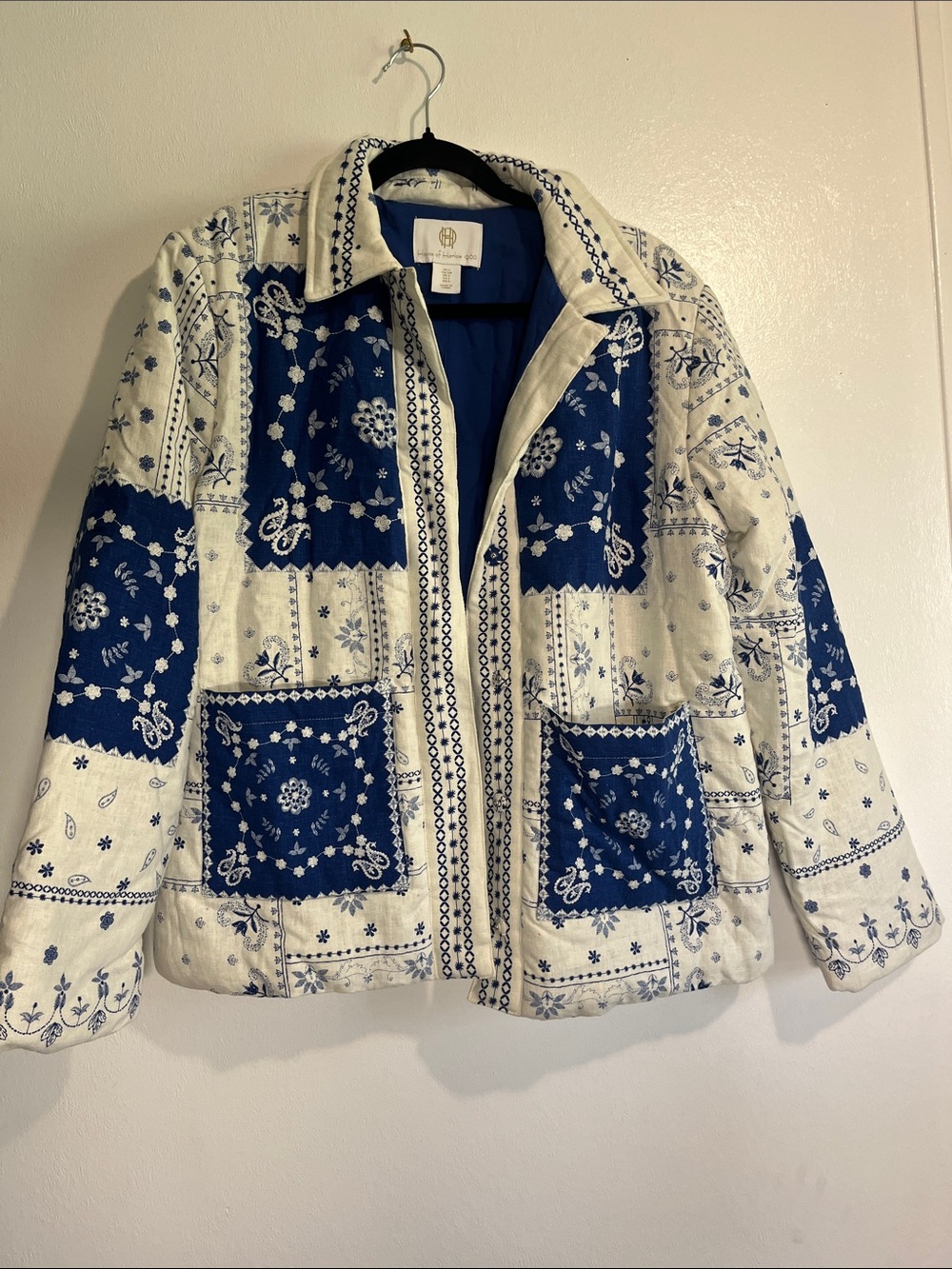 House of Harlow 1960 Blue & Cream Quilted Bandana Patch Puffer Jacket
